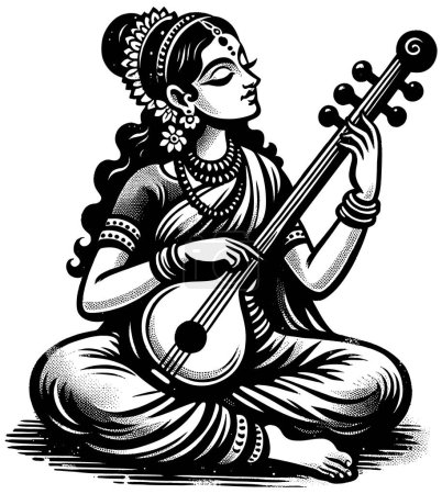 Téléchargez les illustrations : Femme indienne traditionnelle jouant au sitar, détail noir et blanc style Woodcut. - en licence libre de droit