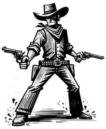 Illustration for Dual-wielding cowboy in stance, linocut black and white. - Royalty Free Image
