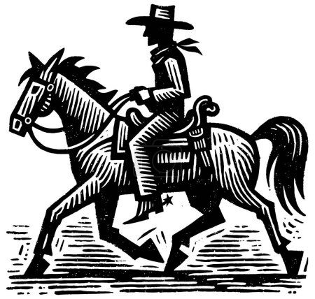 Cowboy-Reitpferd, stilisierter Linolschnitt-Druck, schwarz-weiß.
