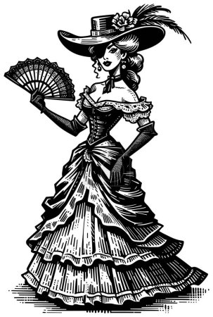 Linocut style illustration of beautiful woman from the American Wild West.