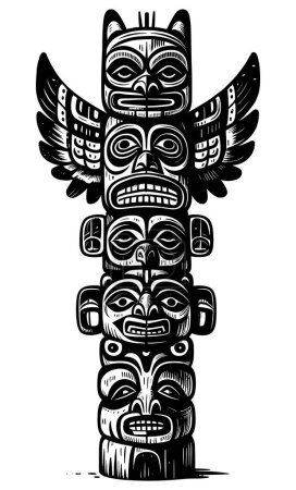 Ilustración de Ilustración estilo linograbado de tótem nativo americano con intrincados diseños nativos en blanco y negro. - Imagen libre de derechos