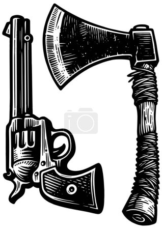 Ilustración de Ilustración estilo linograbado de revólver y tomahawk, simbolizando el viejo armamento occidental. - Imagen libre de derechos