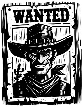 Illustration for Wanted poster in woodcut style, featuring smirking outlaw in cowboy hat. - Royalty Free Image