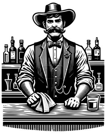 Illustration for Bartender with mustache behind bar with bottles in woodcut style. - Royalty Free Image