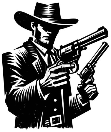 Illustration for Woodcut style illustration of cowboy drawing his guns. - Royalty Free Image