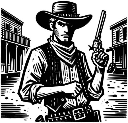 Illustration for Cowboy with revolver stands in old western town in woodcut style. - Royalty Free Image