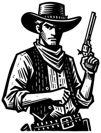 Illustration for Cowboy with revolver in woodcut style, stern expression, wearing wide-brimmed hat. - Royalty Free Image