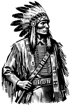 Téléchargez les illustrations : Illustration de style linogravure du chef amérindien en costume traditionnel avec coiffure à plumes. - en licence libre de droit