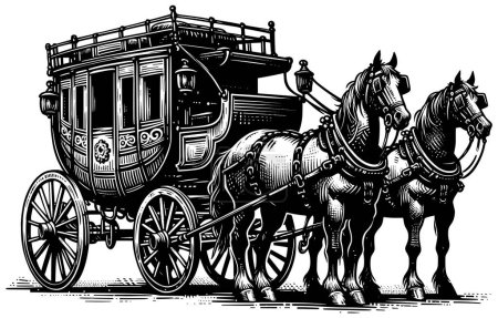 Illustration for Ornate stagecoach pulled by two horses in detailed woodcut style. - Royalty Free Image