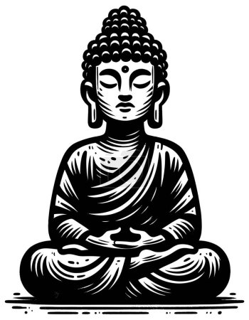 Illustration for Buddha figure meditating in lotus position, serene black and white woodcut. - Royalty Free Image