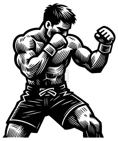 Illustration for MMA fighter in guard position, detailed black and white woodcut print. - Royalty Free Image