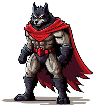 Ilustración de Superhéroe lobo antropomórfico con una estructura muscular y capa roja, irradiando amenaza y poder. - Imagen libre de derechos