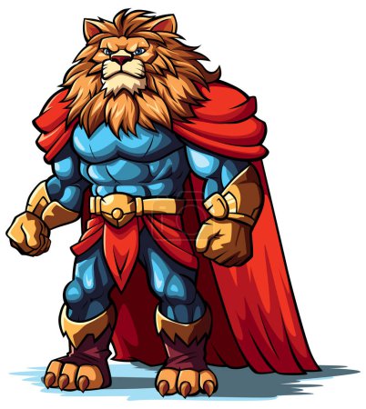 Ilustración de Personaje antropomórfico de león vestido con un traje de superhéroe, con un traje azul, capa roja y acentos dorados. - Imagen libre de derechos