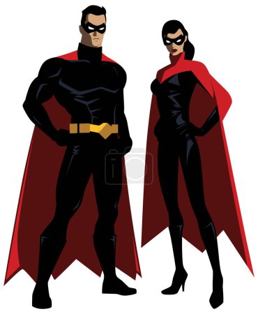 Illustration for Two superheroes stand confidently, draped in flowing red capes. The woman, with bold black mask and fitted suit, contrasts the mans stoic demeanor. - Royalty Free Image