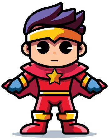 Téléchargez les illustrations : Superhéros miniature de style Kawaii avec un costume rouge, un emblème étoile jaune et des cheveux violets. - en licence libre de droit
