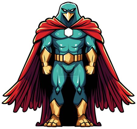 Illustration for Anthropomorphic eagle character in a superhero outfit, with a teal and gold costume and a flowing red cape. - Royalty Free Image