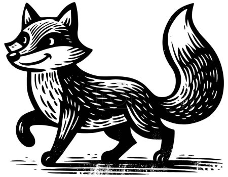 Téléchargez les illustrations : Illustration de style Woodcut de renard dessin animé sur fond blanc. - en licence libre de droit