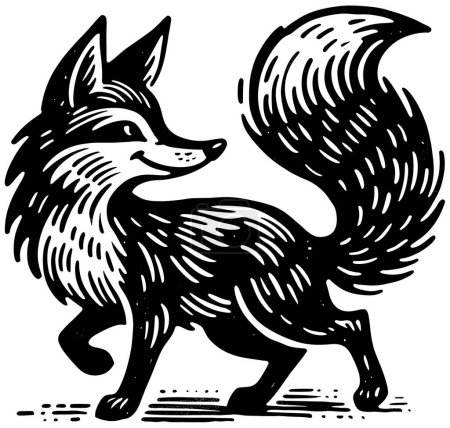 Téléchargez les illustrations : Illustration de style Woodcut de renard dessin animé sur fond blanc. - en licence libre de droit