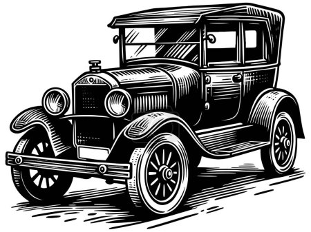 Illustration for Woodcut style illustration of a vintage car in black and white. - Royalty Free Image