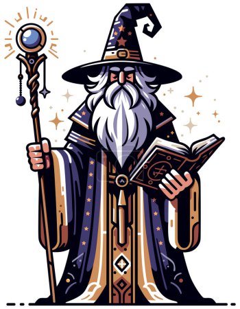 Illustration for Wizard with staff and spellbook casts magic, adorned in a starry robe. - Royalty Free Image