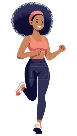 Téléchargez les illustrations : Illustration de style plat d'une joggeuse africaine exécutant isolée sur fond blanc, représentant un mode de vie sain. - en licence libre de droit