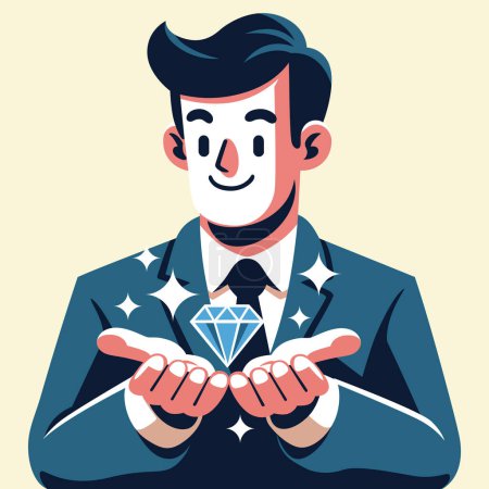 Téléchargez les illustrations : Illustration de style vintage d'un homme d'affaires présentant un diamant étincelant avec un sourire fier. - en licence libre de droit