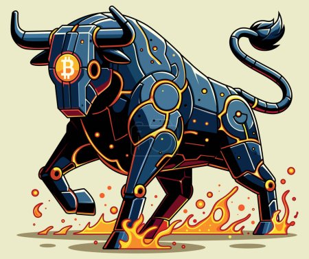 Téléchargez les illustrations : BD illustration de style de bande dessinée d'un taureau mécanique avec Bitcoin symbole de charge avec l'énergie ardente. - en licence libre de droit
