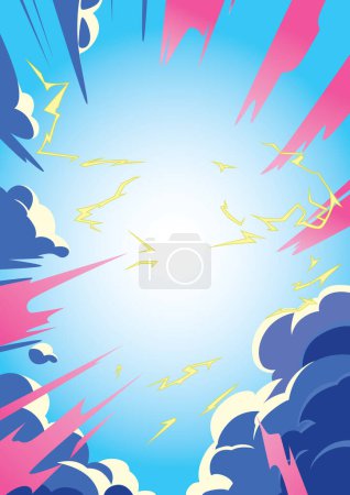 Téléchargez les illustrations : Illustration de style annime d'un ciel dynamique avec des éclairs électriques et des nuages vibrants. - en licence libre de droit