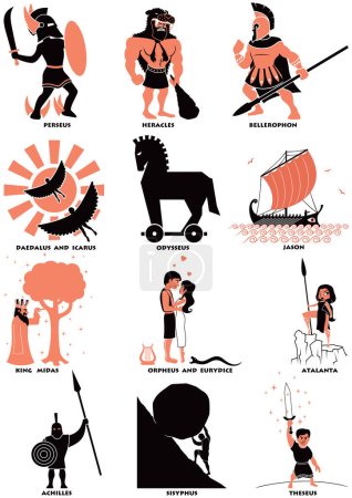 Flat design illustration set of Greek mythology heroes, each depicted with a symbol of their legend, on a white background.