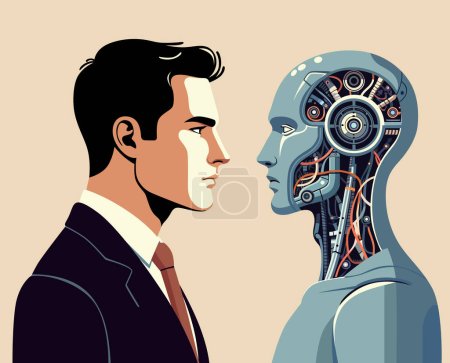 Ilustración de Ilustración de estilo Art deco de un humano frente a un androide, destacando el contraste entre el hombre y la máquina. - Imagen libre de derechos