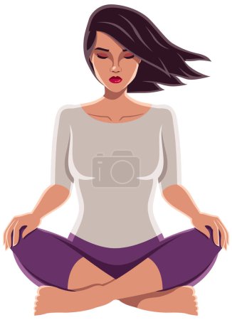 Illustration for Cartoon style illustration of a serene woman meditating on white background, exuding calm and tranquility. - Royalty Free Image