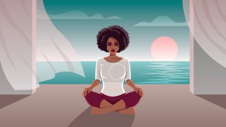 Téléchargez les illustrations : Illustration de style Art déco d'une femme sereine méditant au bord de la mer au coucher du soleil, respirant calme et tranquillité. - en licence libre de droit