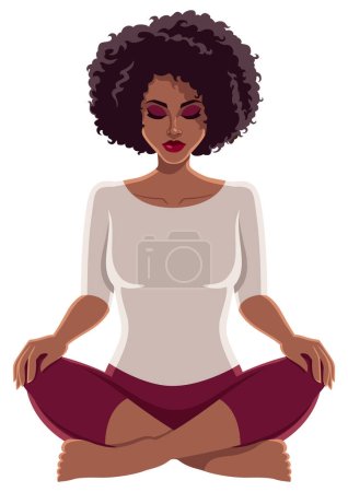 Téléchargez les illustrations : Illustration de style dessin animé d'une femme sereine méditant sur fond blanc, respirant calme et tranquillité. - en licence libre de droit