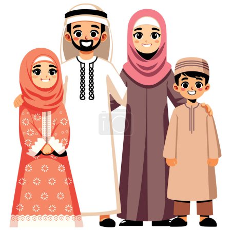 Illustration for Cartoon style illustration of a Middle Eastern family smiling together, isolated on white background. - Royalty Free Image