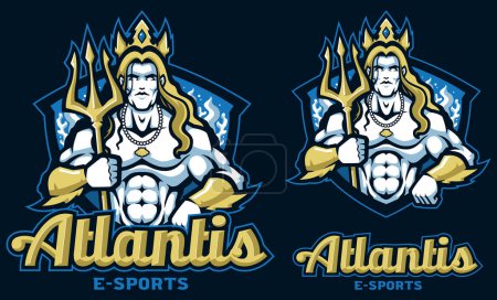 Téléchargez les illustrations : Illustration de style mascotte d'un roi de la mer royal pour l'équipe Atlantide, sur fond sombre. - en licence libre de droit