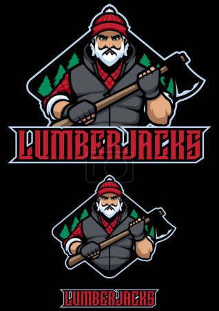 Ilustración de Ilustración estilo mascota de un leñador resistente para el equipo deportivo Lumberjacks, ambientado sobre un fondo negro. - Imagen libre de derechos