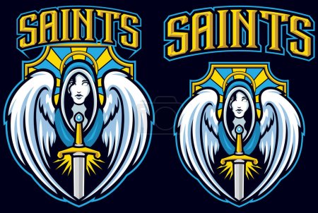 Illustration de style mascotte d'une figure angélique pour l'équipe des Saints, mise en valeur sur un fond sombre.