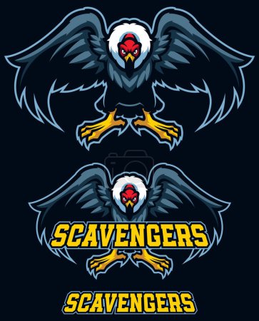 Ilustración de Ilustración estilo mascota de un pájaro feroz de presa para el equipo de Scavengers, sobre un fondo negro. - Imagen libre de derechos