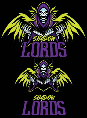 Téléchargez les illustrations : Illustration de style mascotte d'une faucheuse sinistre avec des tomes magiques pour l'équipe de Shadow Lords, sur fond sombre. - en licence libre de droit