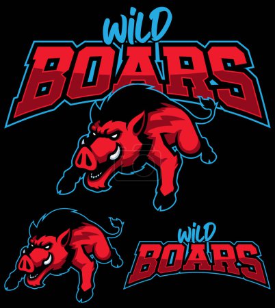 Ilustración de Ilustración estilo mascota de un jabalí de carga para el equipo deportivo Wild Boars, contra un fondo negro dinámico. - Imagen libre de derechos