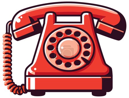 Illustration au design plat d'un téléphone à cadran rotatif rouge à l'ancienne, isolé sur fond blanc.