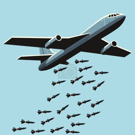 Téléchargez les illustrations : Illustration de style vintage d'un avion militaire larguant des bombes à mi-vol contre un ciel dégagé. - en licence libre de droit