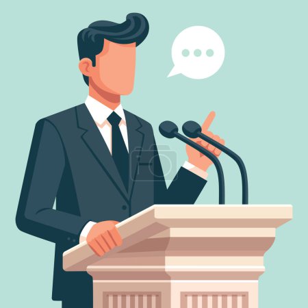 Flache Design-Illustration eines Mannes, der eine Rede auf einem Podium mit einer Sprechblase hält, vor einem weichen Hintergrund.