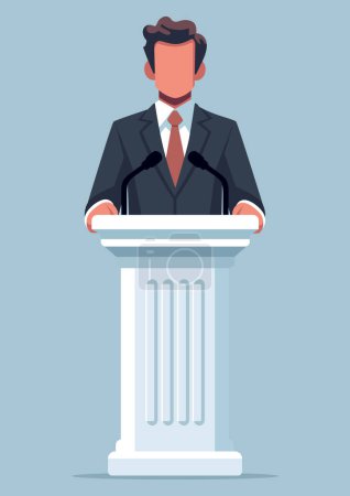 Flat design illustration of a man giving a speech at a podium, against a soft background.