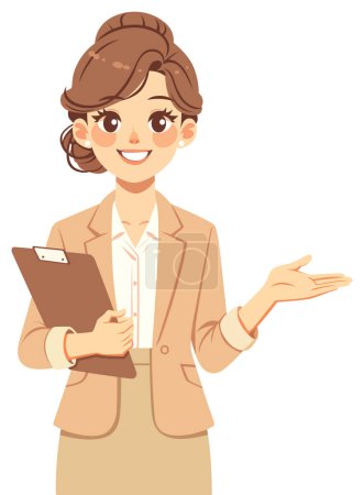 Illustration for Cartoon style illustration of a professional woman presenting, holding a clipboard isolated on white background. - Royalty Free Image