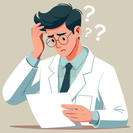 Illustration for Flat style illustration of a puzzled doctor examining documents, isolated on a beige background. - Royalty Free Image
