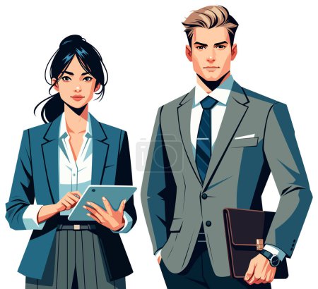 Illustration for Vintage style illustration of a professional couple, woman with tablet and man with notebook, isolated on white background. - Royalty Free Image
