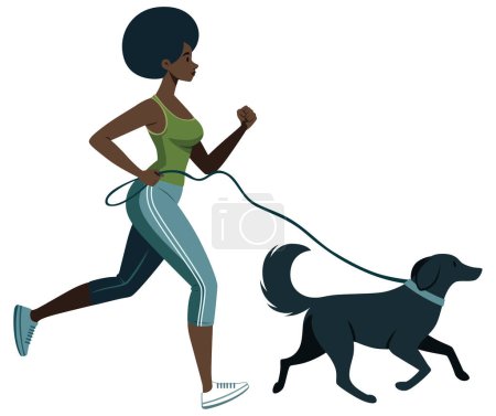 Téléchargez les illustrations : Illustration de style plat d'une femme africaine faisant du jogging avec son chien, isolée sur fond blanc. - en licence libre de droit