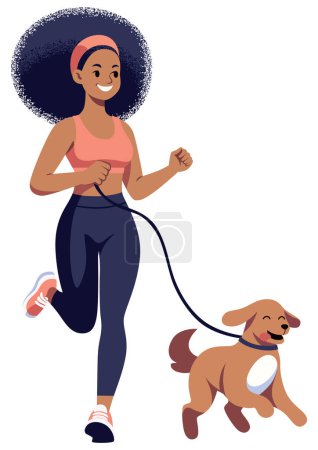 Téléchargez les illustrations : Illustration de style plat d'une femme africaine faisant du jogging avec son chien, isolée sur fond blanc. - en licence libre de droit