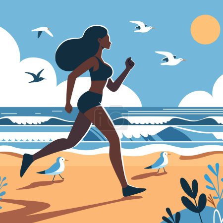 Ilustración de Ilustración de diseño plano de una mujer africana corriendo por la playa bajo un cielo soleado con gaviotas. - Imagen libre de derechos